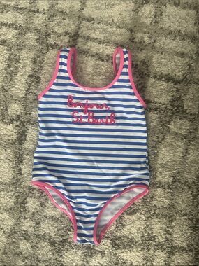 Mc2 Saint Barth Girls Striped Blue & White One-Piece Swimsuit with Pink Trim